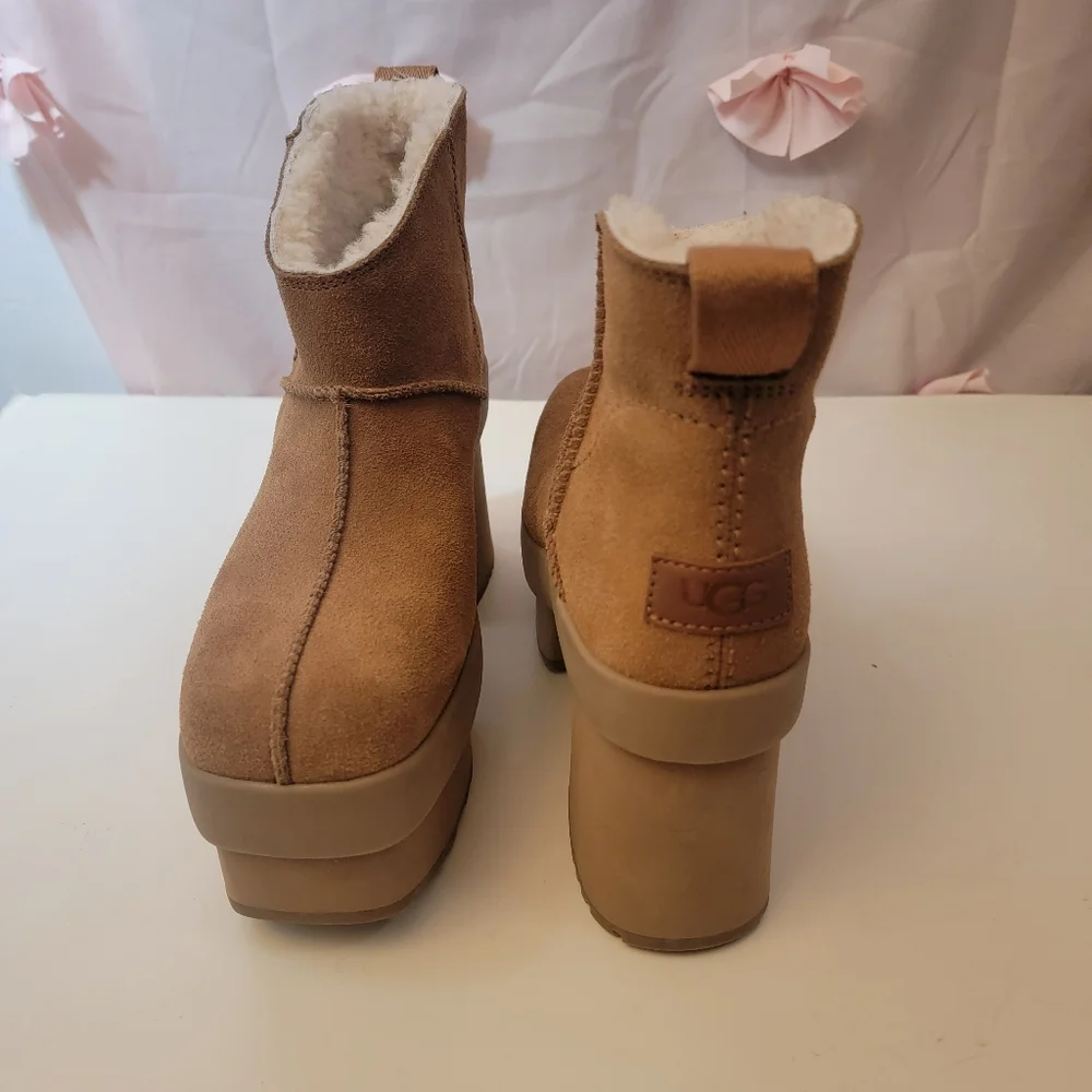 Nwt UGG New Heights Platform Mini Boots Chestnut Suede Womens 9.5 Authentic - Picture 8 of 14